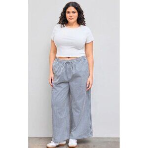 Plus Size NEW Cider 100% Cotton Mid Rise Striped Pocket Wide Leg Trousers Curve